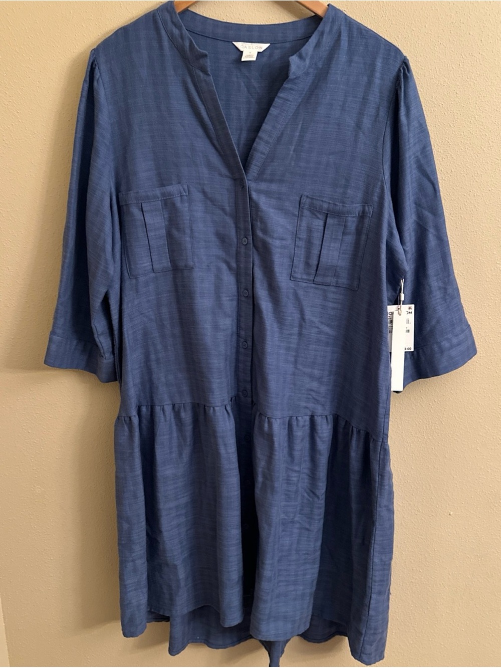 Caslon Pocket Front Drop Waist Dress Size 1X Cotton Blend Blue Minamalist NEW